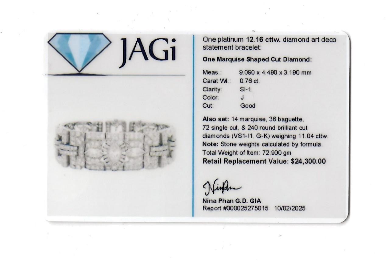 Pulsera de eslabones Art Decó con varios diamantes en total de 12,16 quilates, en platino en venta 8