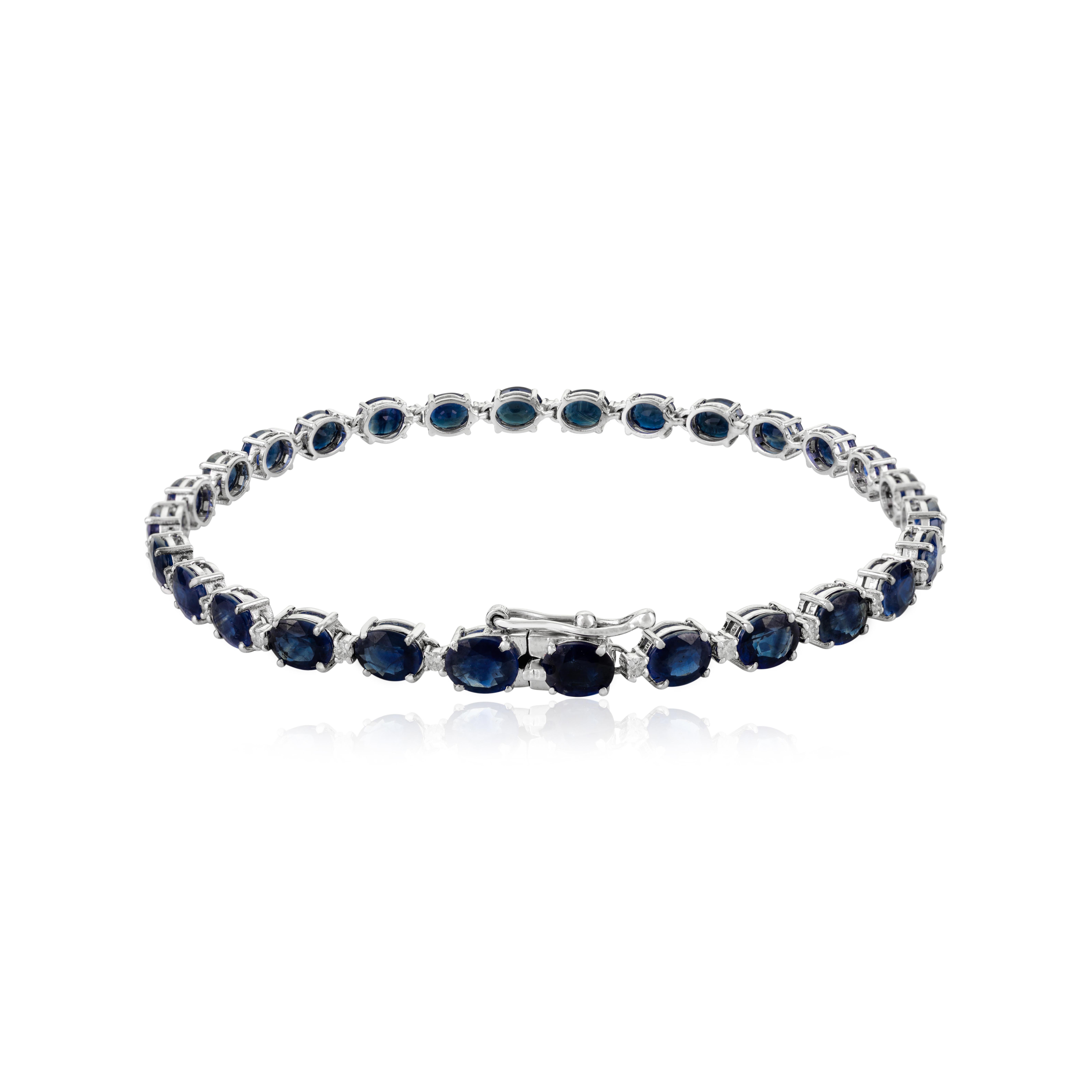 Art Deco 12.16 CTW Natural Blue Sapphire and Diamond Tennis Bracelet in 14k White Gold For Sale