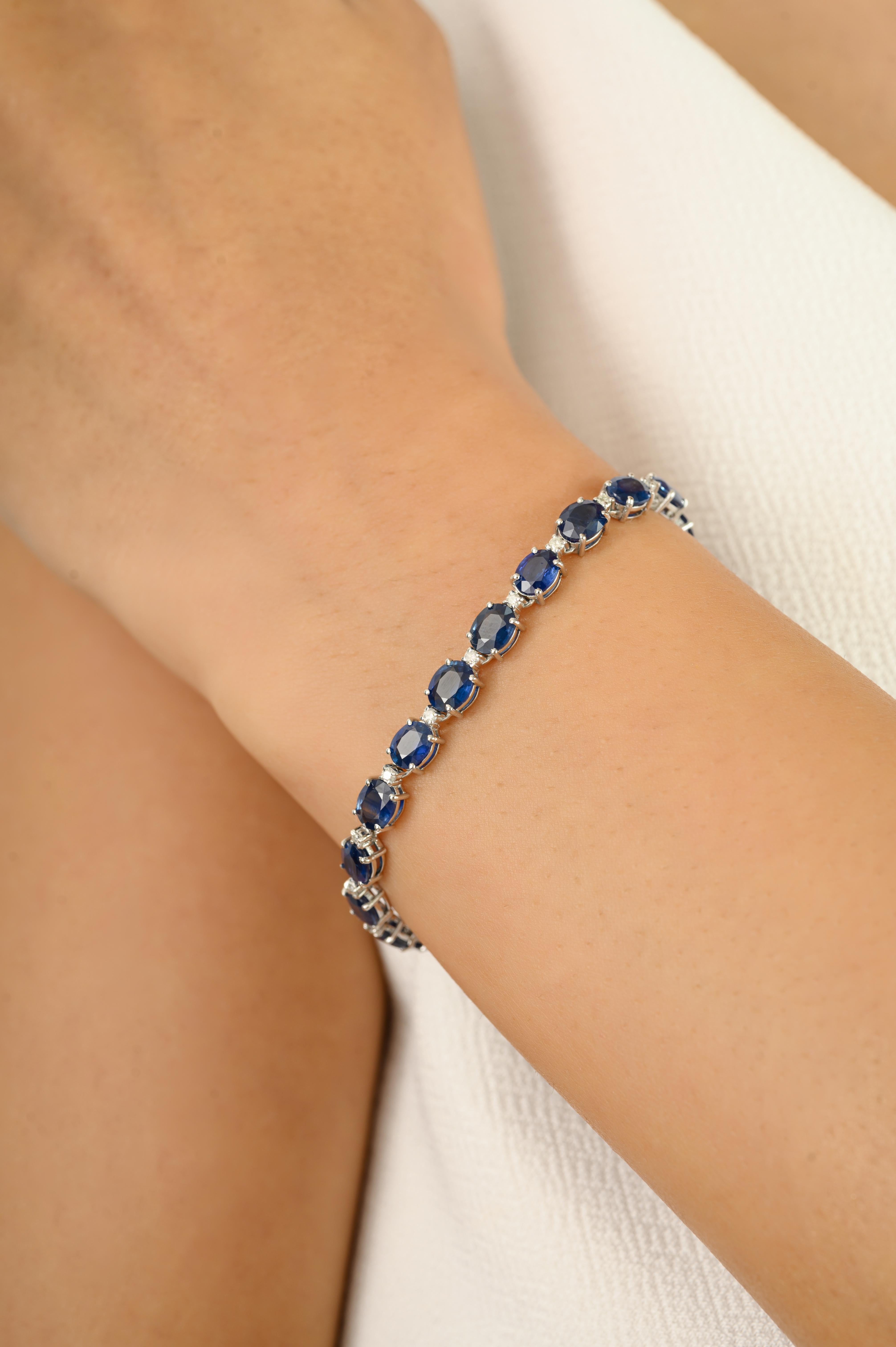 Oval Cut 12.16 CTW Natural Blue Sapphire and Diamond Tennis Bracelet in 14k White Gold For Sale