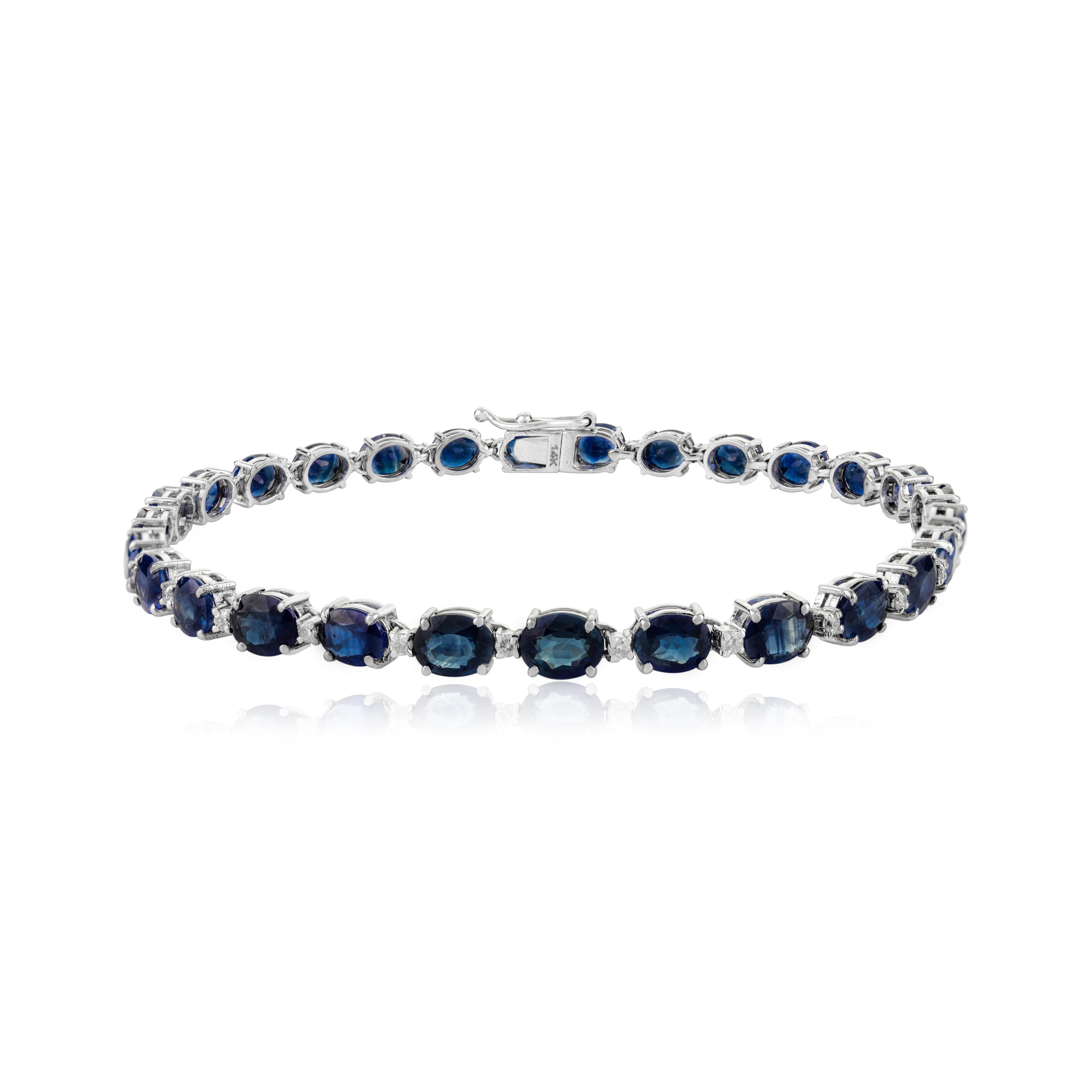 12.16 CTW Natural Blue Sapphire and Diamond Tennis Bracelet in 14k White Gold In New Condition For Sale In New York, NY