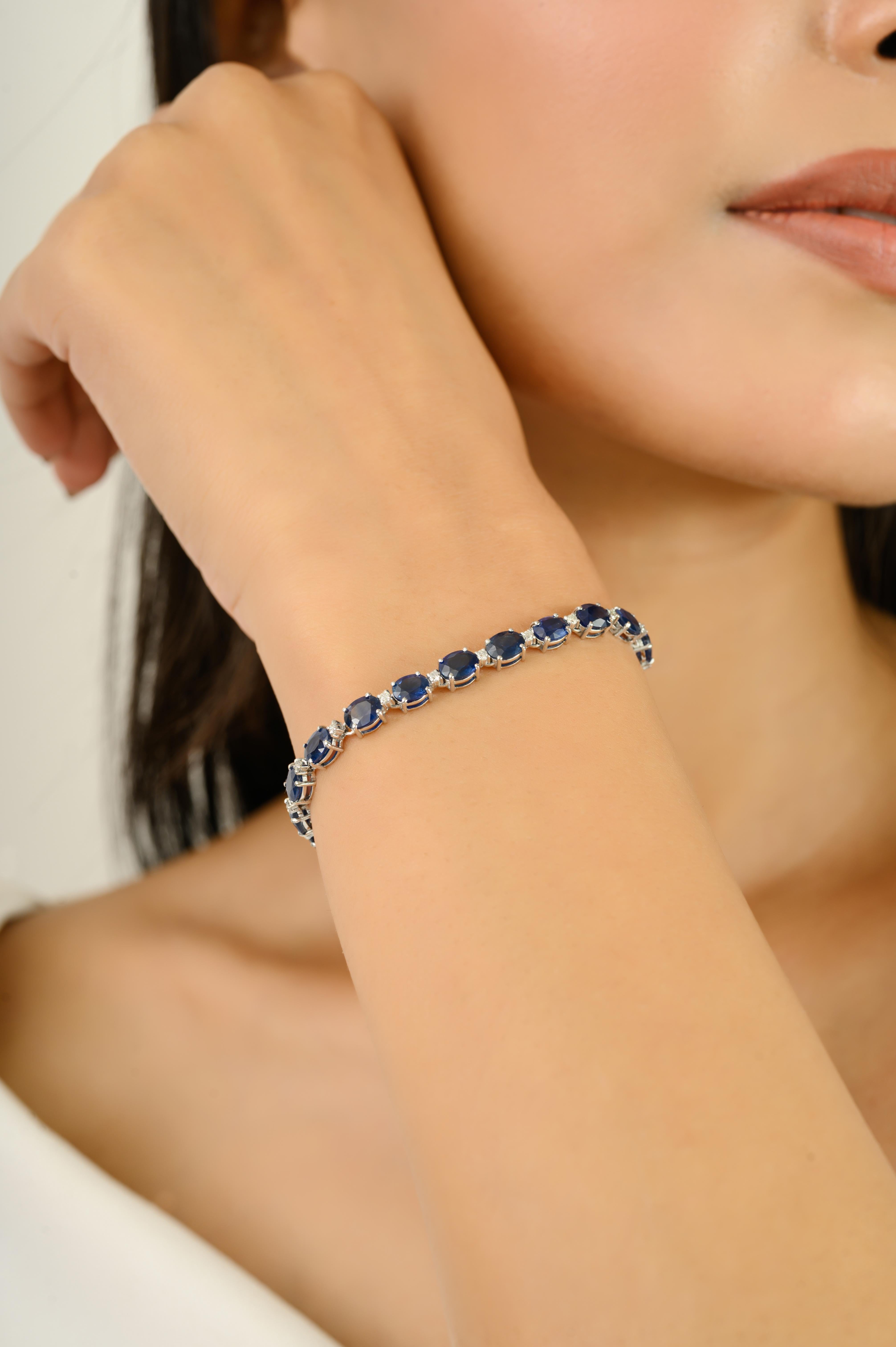 Women's 12.16 CTW Natural Blue Sapphire and Diamond Tennis Bracelet in 14k White Gold For Sale