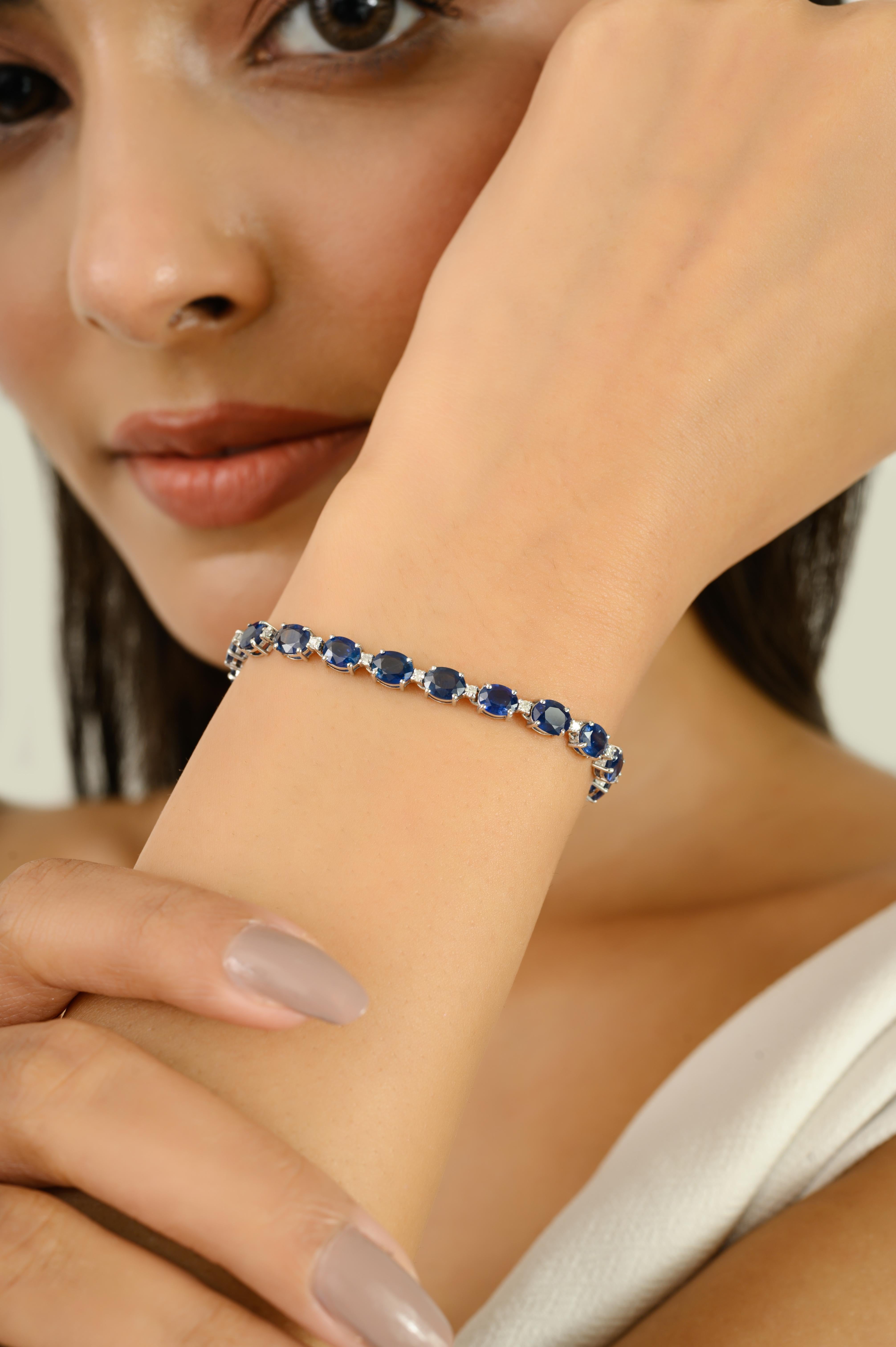 12.16 CTW Natural Blue Sapphire and Diamond Tennis Bracelet in 14k White Gold For Sale 2