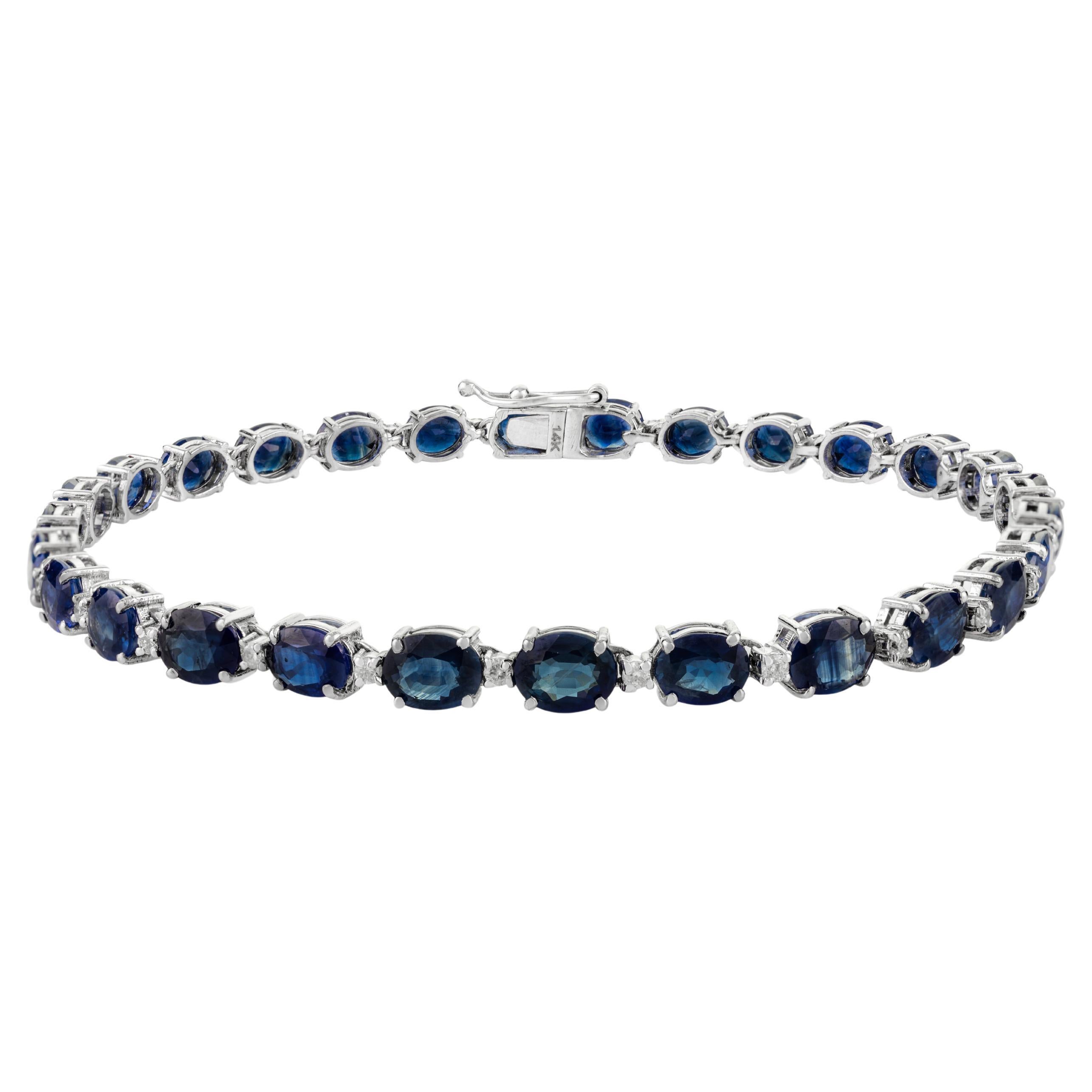 12.16 CTW Natural Blue Sapphire and Diamond Tennis Bracelet in 14k White Gold For Sale