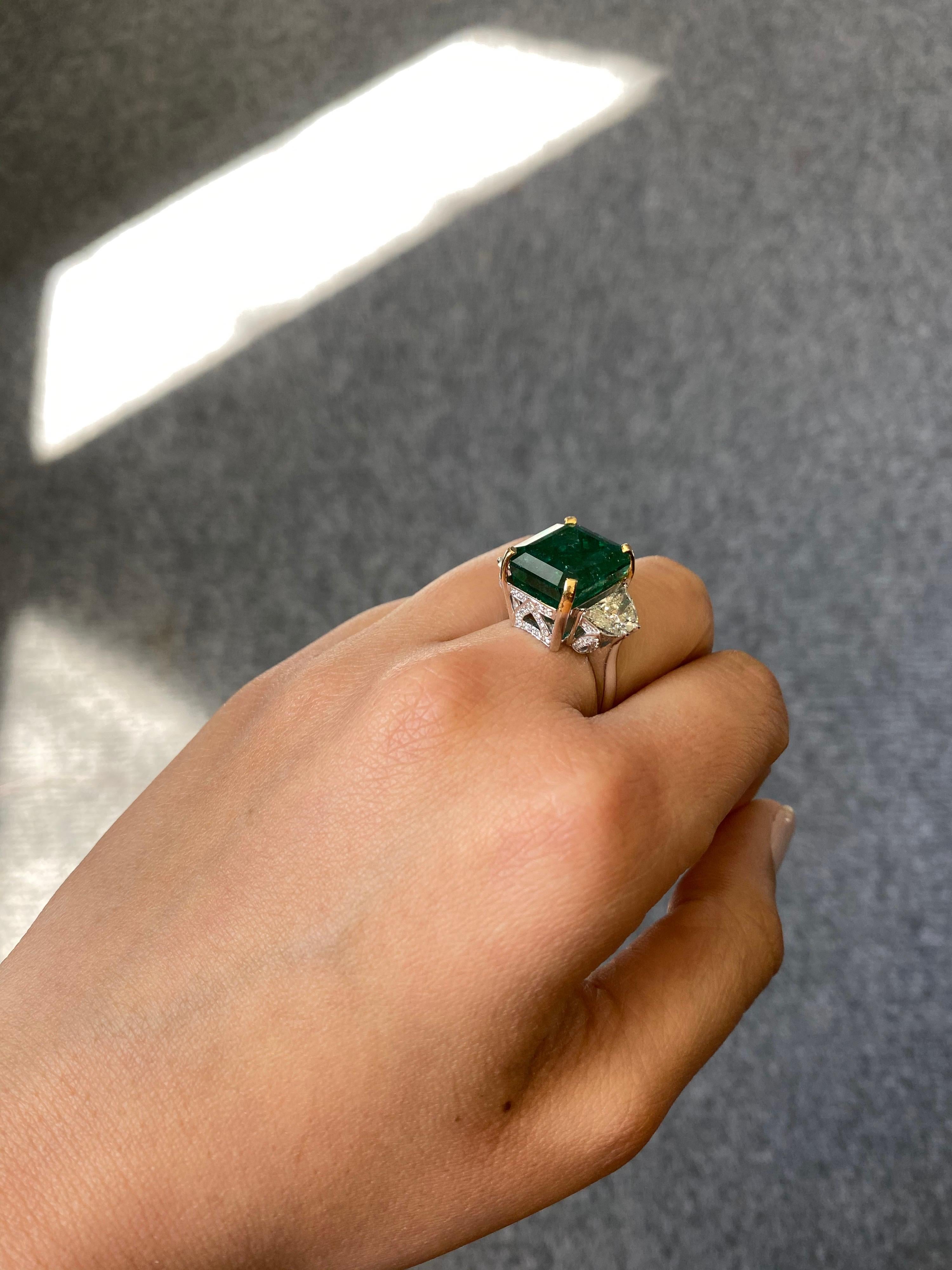 Modern 12.17 Carat Emerald and Diamond Three-Stone Engagement Ring