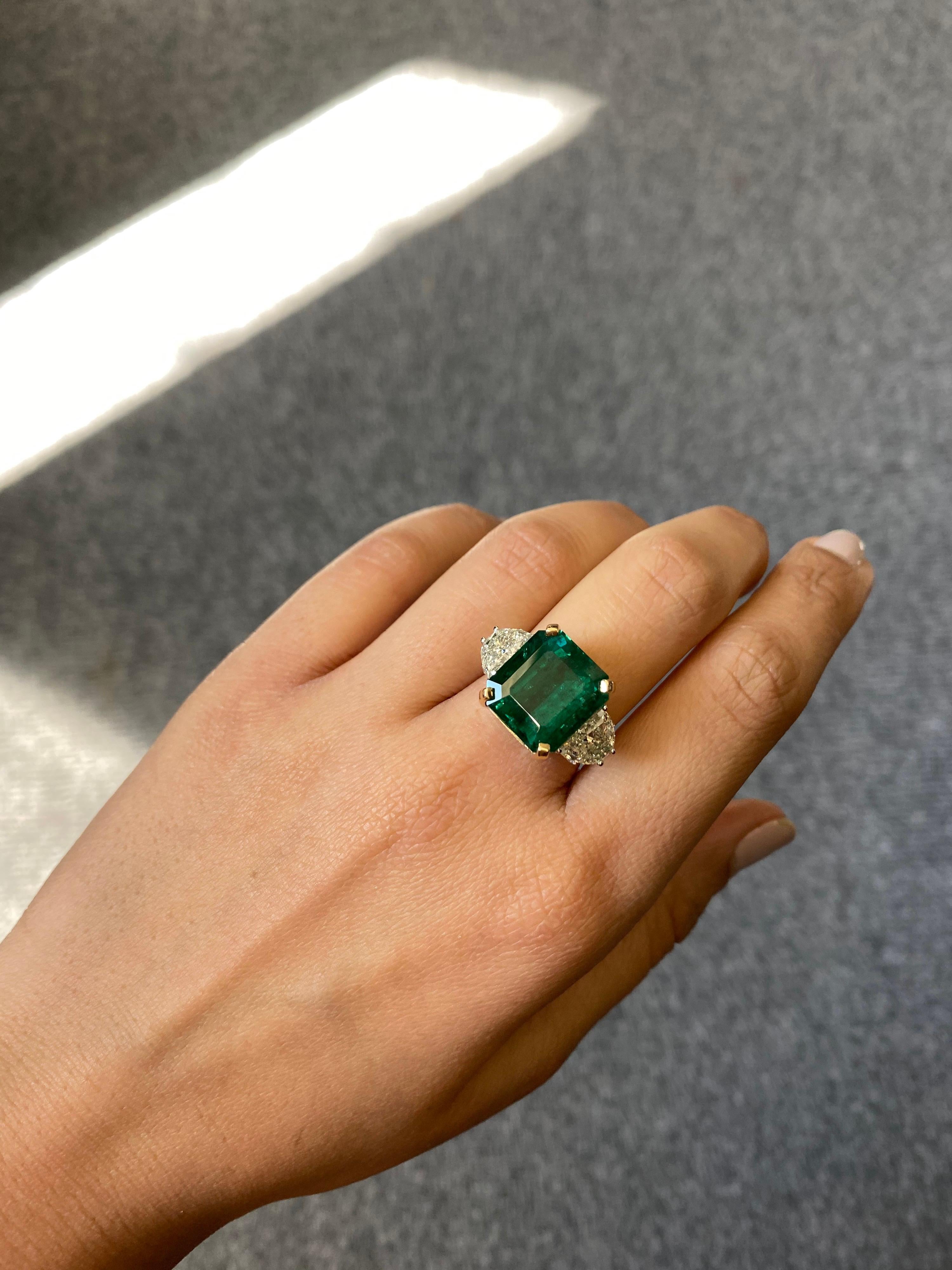 Emerald Cut 12.17 Carat Emerald and Diamond Three-Stone Engagement Ring