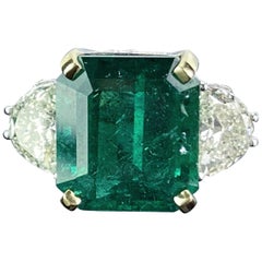 12.17 Carat Emerald and Diamond Three-Stone Engagement Ring