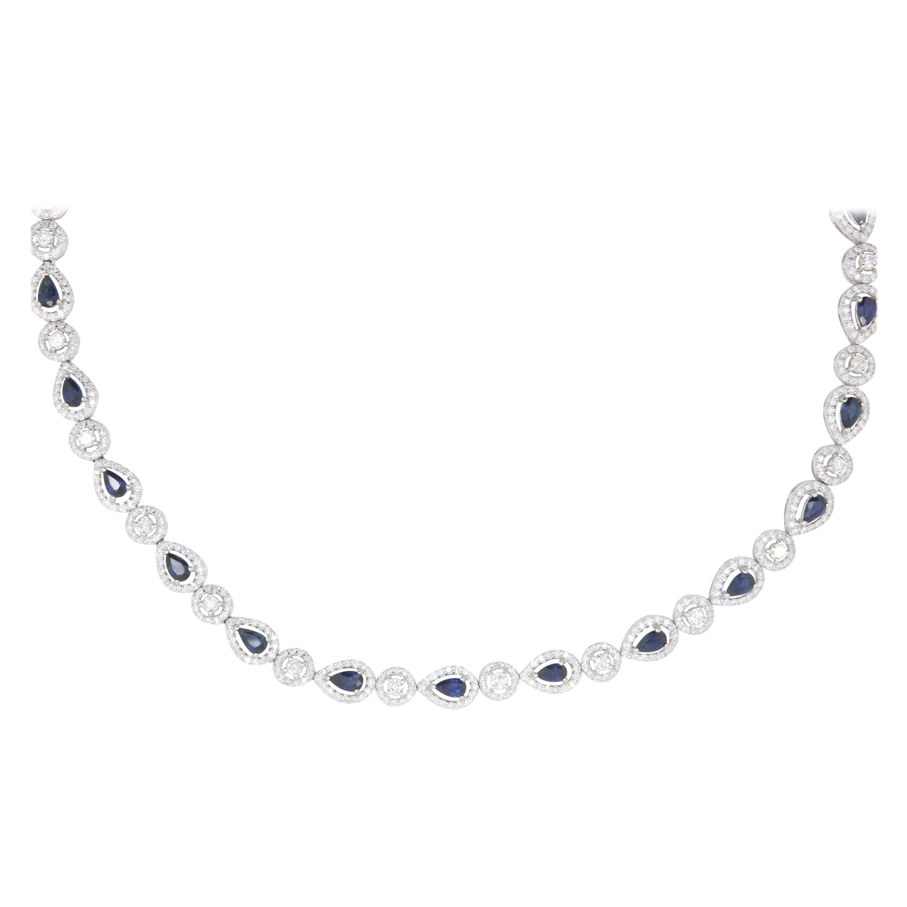12.18 Ct Pear Shaped Sapphire and 9.64 Ct White Diamond Opera Necklace 18K Gold For Sale