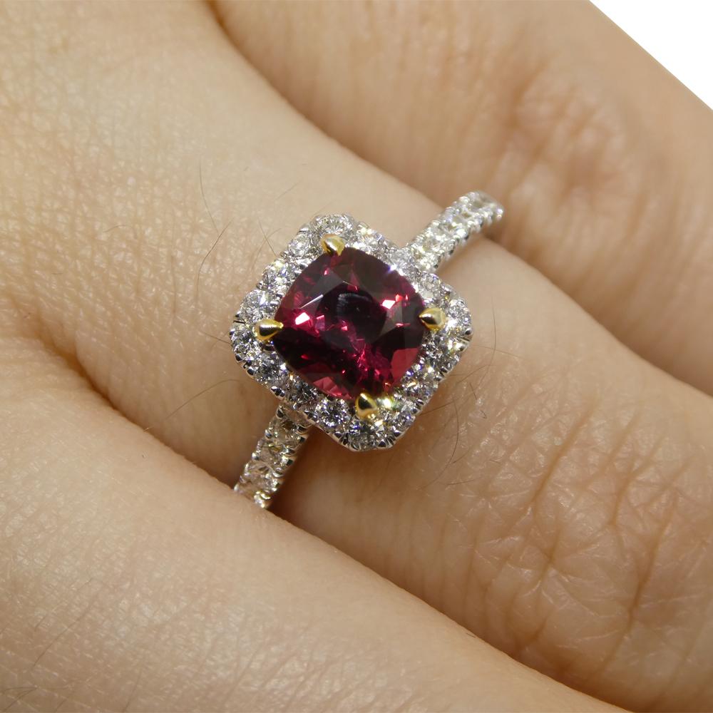 Contemporary 1.21ct Cushion Ruby, Diamond Engagement/Statement Ring in 18K White and Yellow G For Sale