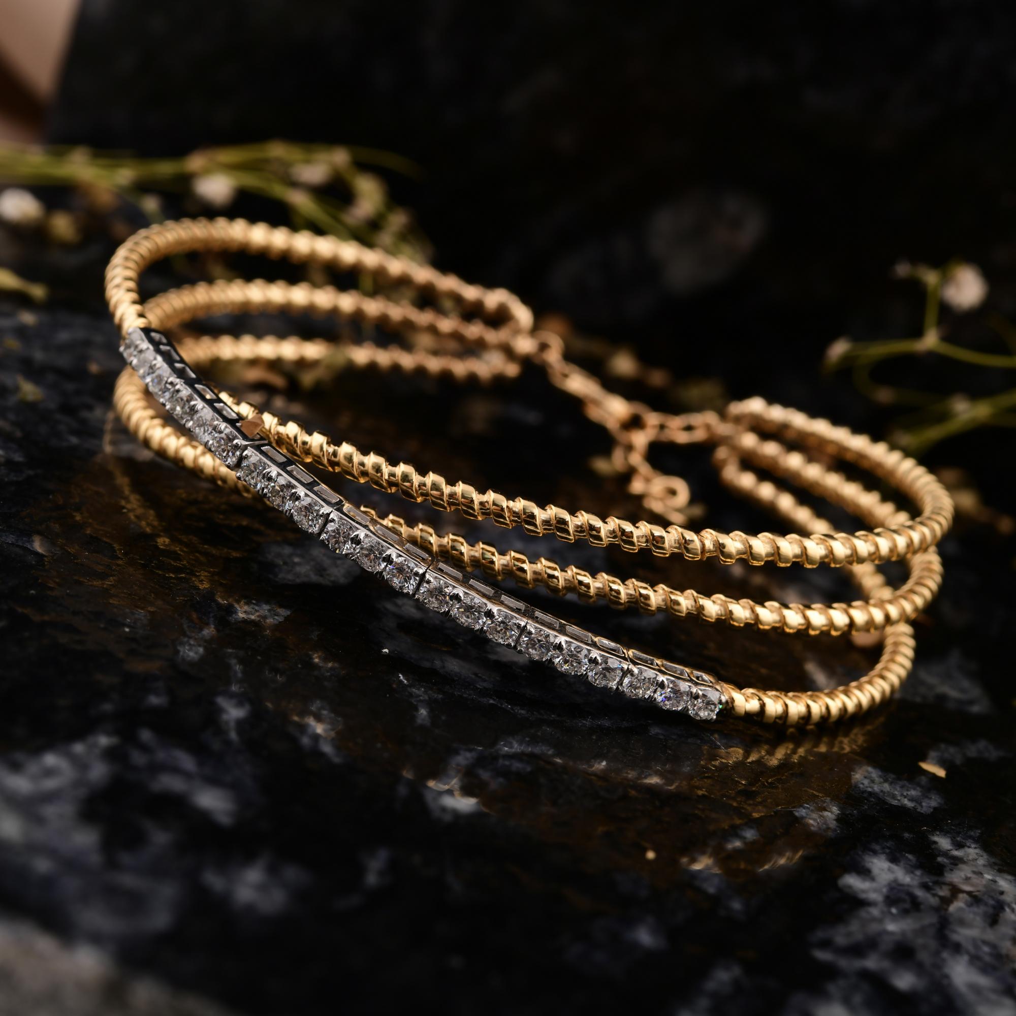 1.21Ct SI/H Brillantschliff Diamant Kreuz und quer 10 Karat Gelbgold Perlen Armband (Rundschliff) im Angebot