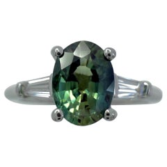 Anello a tre pietre con zaffiro blu verde acqua e diamante in platino con taglio ovale 1,21ct A. Stone