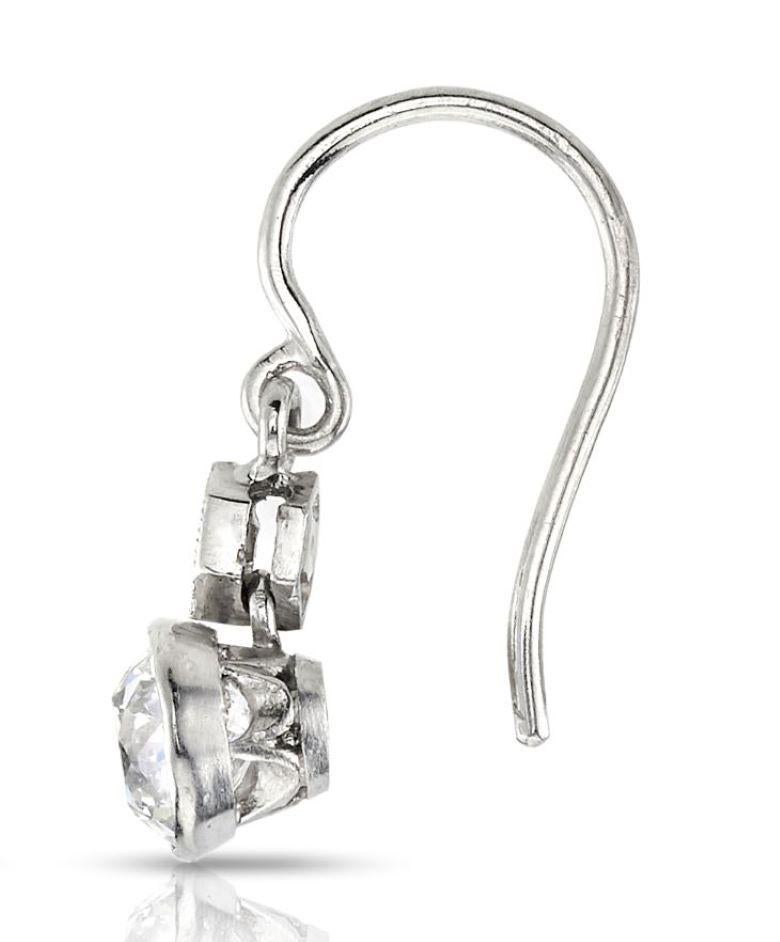 1.21ctw GH/VS2-SI1 antique old mine cut diamonds with 0.10ctw French cut accent diamonds mounted in platinum double drop earrings.

Our jewelry is made locally in Los Angeles and most pieces are made to order. For these made-to-order items, please