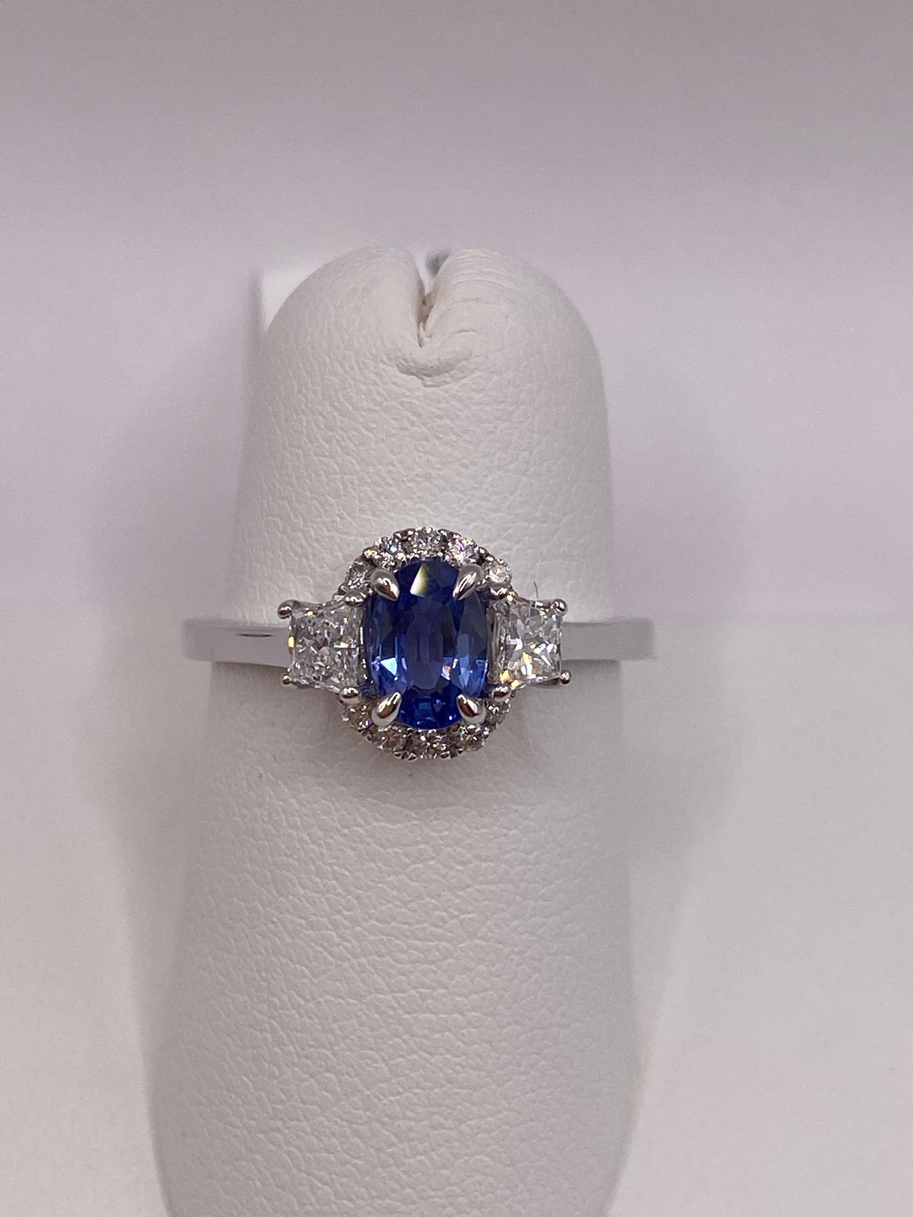 Oval Cut 1.21ctw Oval Sapphire & Trapezoid Diamond Ring in 18KT White Gold For Sale