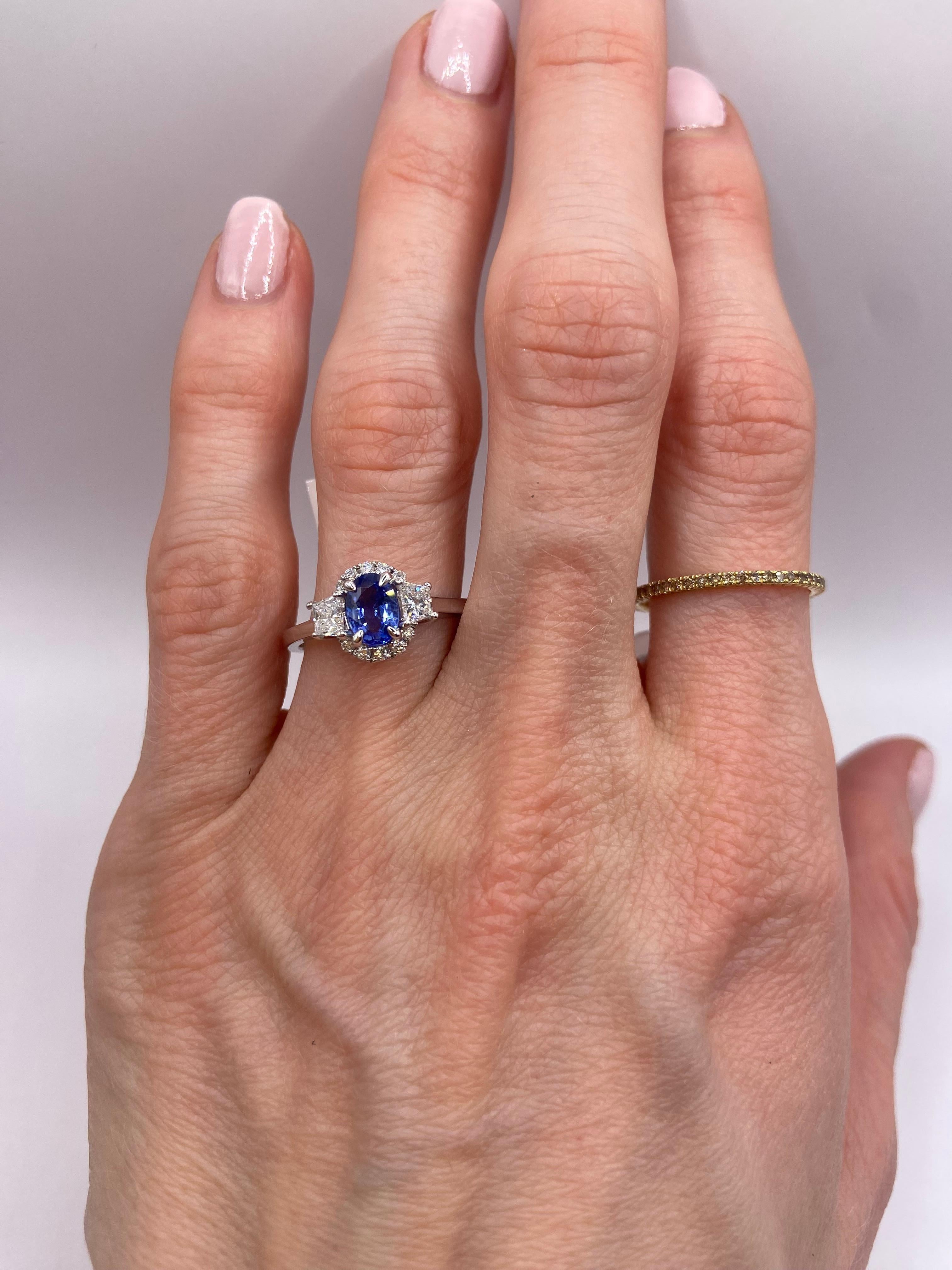 Women's or Men's 1.21ctw Oval Sapphire & Trapezoid Diamond Ring in 18KT White Gold For Sale