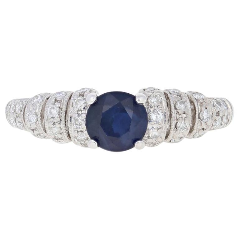 For Sale:  1.21ctw Round Cut Sapphire & Diamond Ring, 14k White Gold Milgrain Engagement