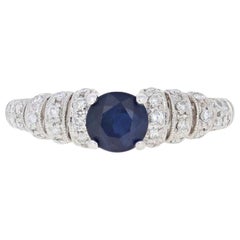 Vintage 1.21ctw Round Cut Sapphire & Diamond Ring, 14k White Gold Milgrain Engagement