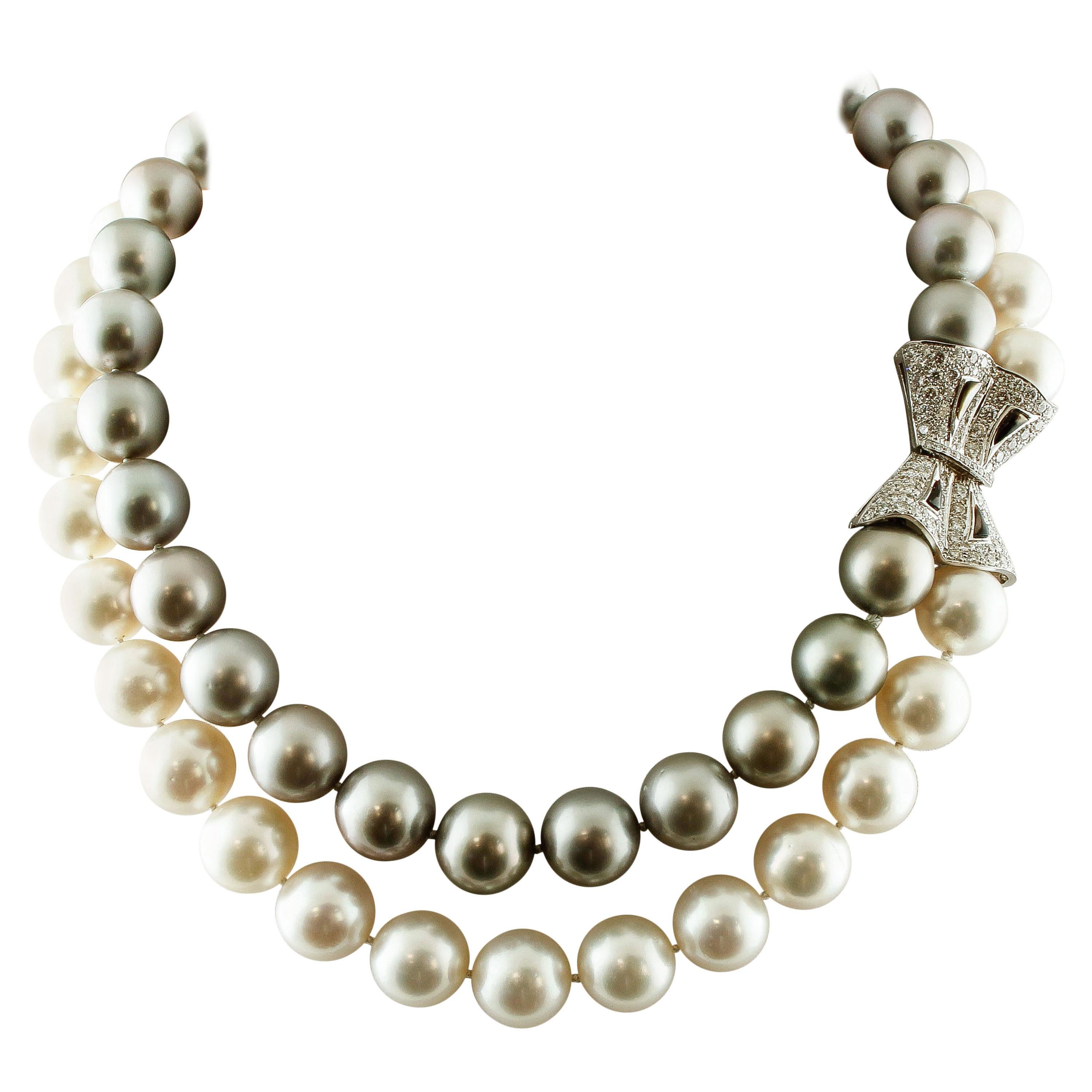 121g White and Grey South Sea Pearls, Diamonds, 14 Karat White Gold Necklace