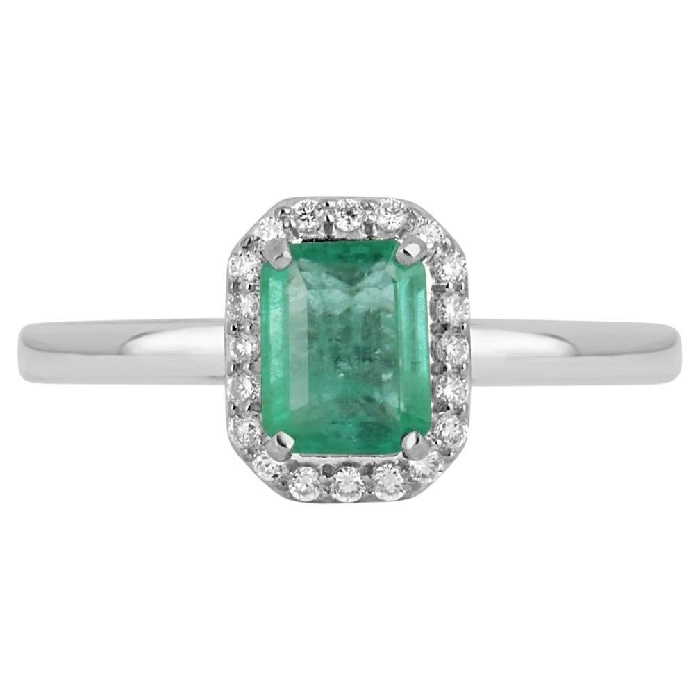 1.21tcw 14K Natural Emerald-Emerald Cut & Diamond Halo Engagement Ring For Sale