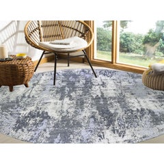 12'1"x12'1" Abstract Design Wool and Silk Round Denser Weave Charcoal Gray Rug