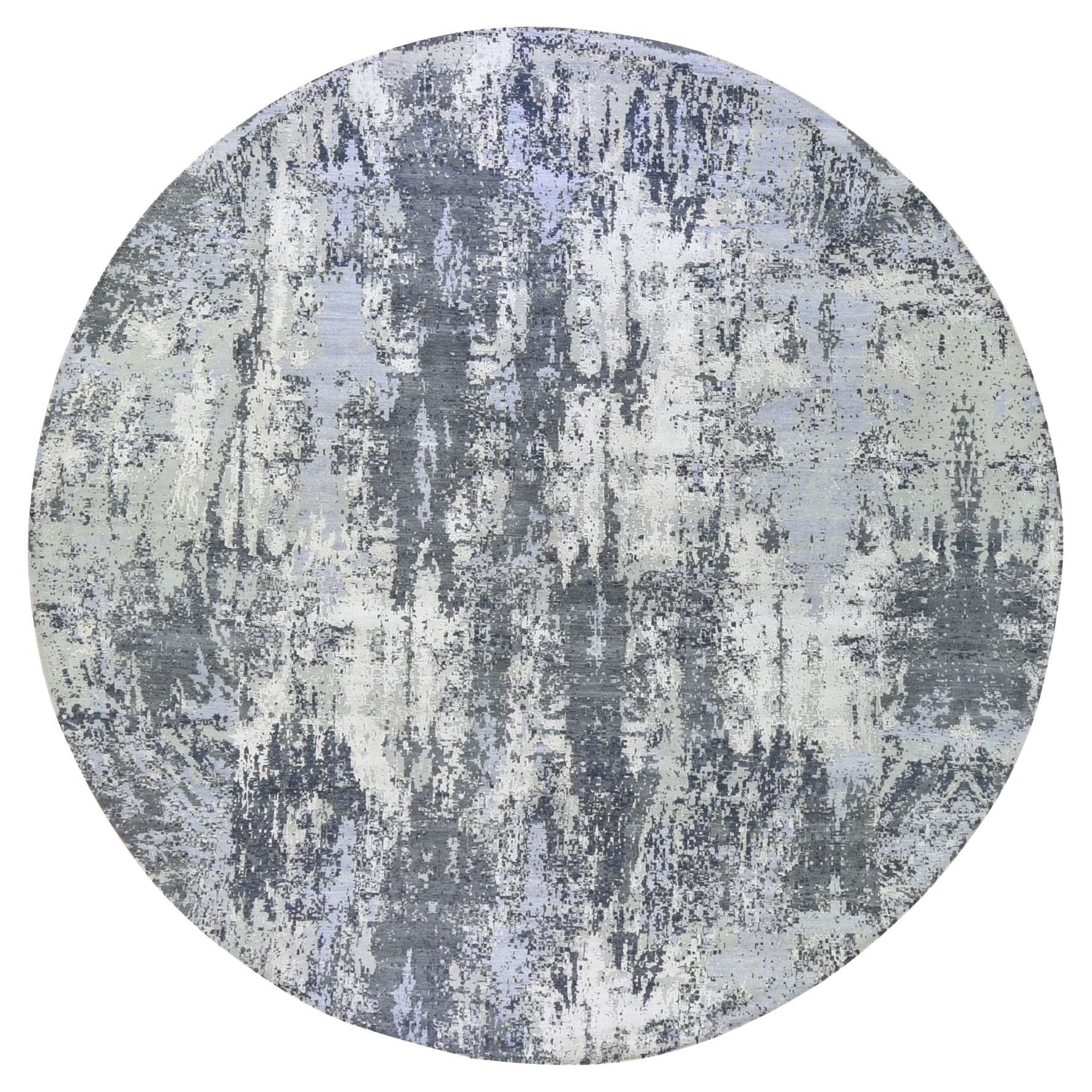 12'1"x12'1" Abstrakter Teppich aus Wolle und Seide mit rundem Densergewebe in Anthrazitgrau mit abstraktem Design