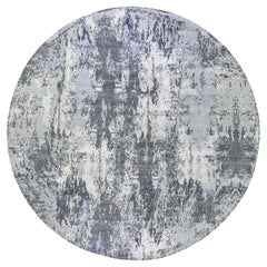 12'1 "x12'1" Alfombra redonda de diseño abstracto en lana y seda de trama densa gris marengo