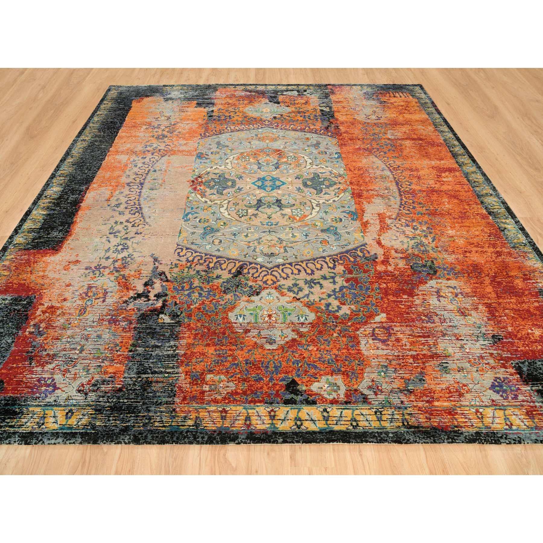 Metallisch Orange, Ghazni Wolle, Handgeknüpft, Altes Osmanisches Ausradiertes Design, Quadratischer Orientteppich
Primäre MATERIALIEN: Wolle
Latex: Kein Flor 
Höhe: 0,25 Zoll
Stil: Transitional
Grundfarbe: Orange
Sekundäre Farben: Gelb, Schwarz,