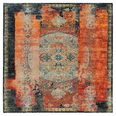 12'1"x12'1" Orange, Wool, Hand Knotted, Ancient Ottoman Erased Design Square Rug