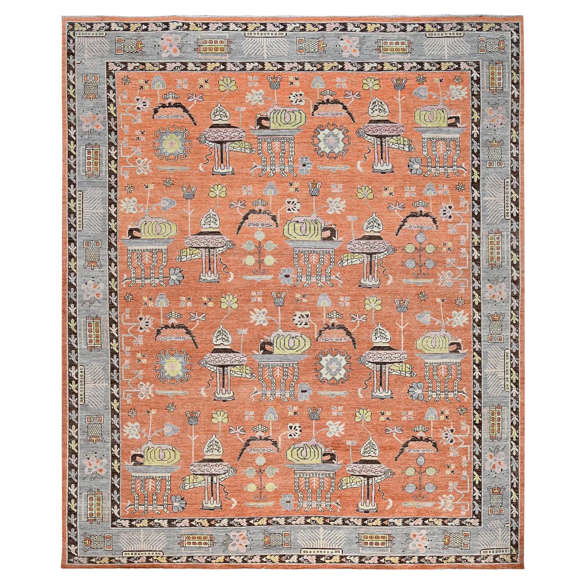 12'1 "x14'6" Arancione Classico Khotan e Samarcanda Design annodato a mano in morbida lana in vendita