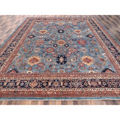 Alfombra de lana tejida a mano de 3,68 m x 4,50 m, azul claro, con diseño Heriz en toda la superficie, calidad Aryana