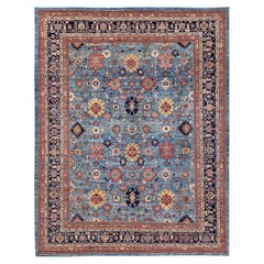 Alfombra de lana tejida a mano de 3,68 m x 4,50 m, azul claro, con diseño Heriz en toda la superficie, calidad Aryana