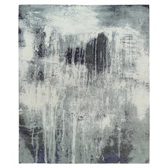 12'1 "x15' Tappeto nero annodato a mano con disegno astratto, in lana e seta, di grandi dimensioni