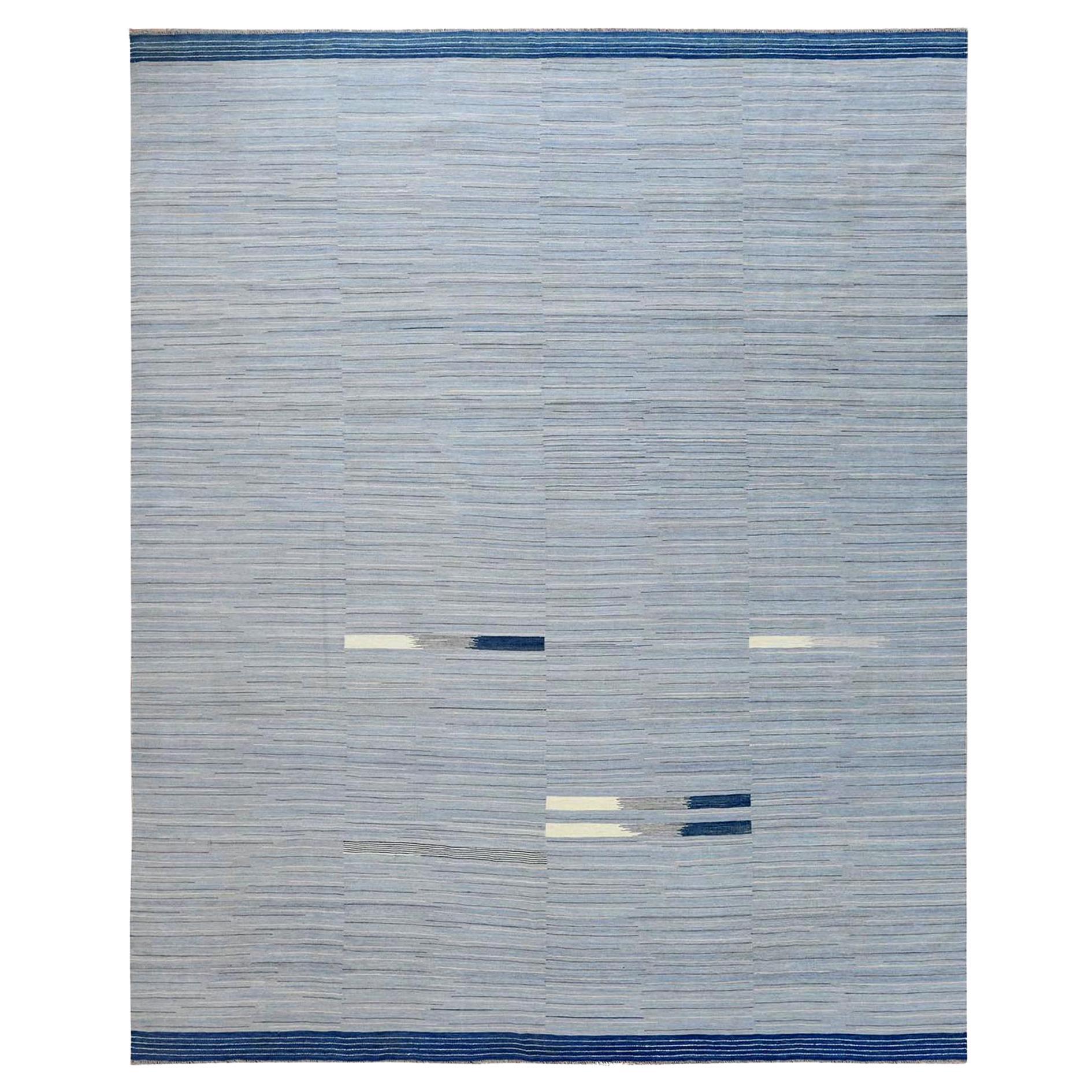 12'1"x15' Hand Woven Flat Weave Kilim Pure Nomadic Stripe Design Wool Rug