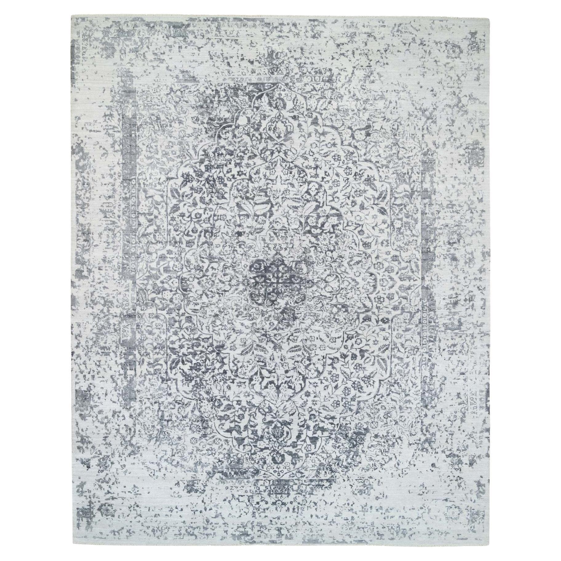 12'1"x15'1" Silver Gray Wool & Pure Silk Hand Knotted Erased Persian Design Rug