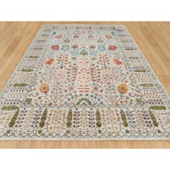 12'1"x15'4" Taupe Directional Vase All Over Design Silk & Wool Hand Knotted Rug