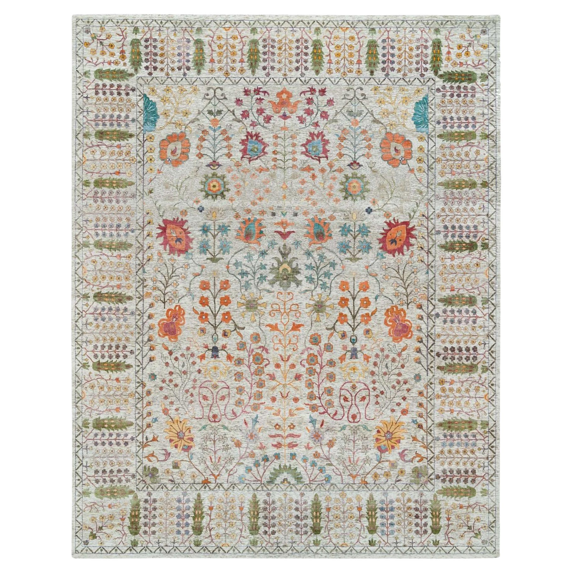12'1 "x15'4" Taupe Directional Vase All Over Design Silk & Wool Hand Knotted Rugs
