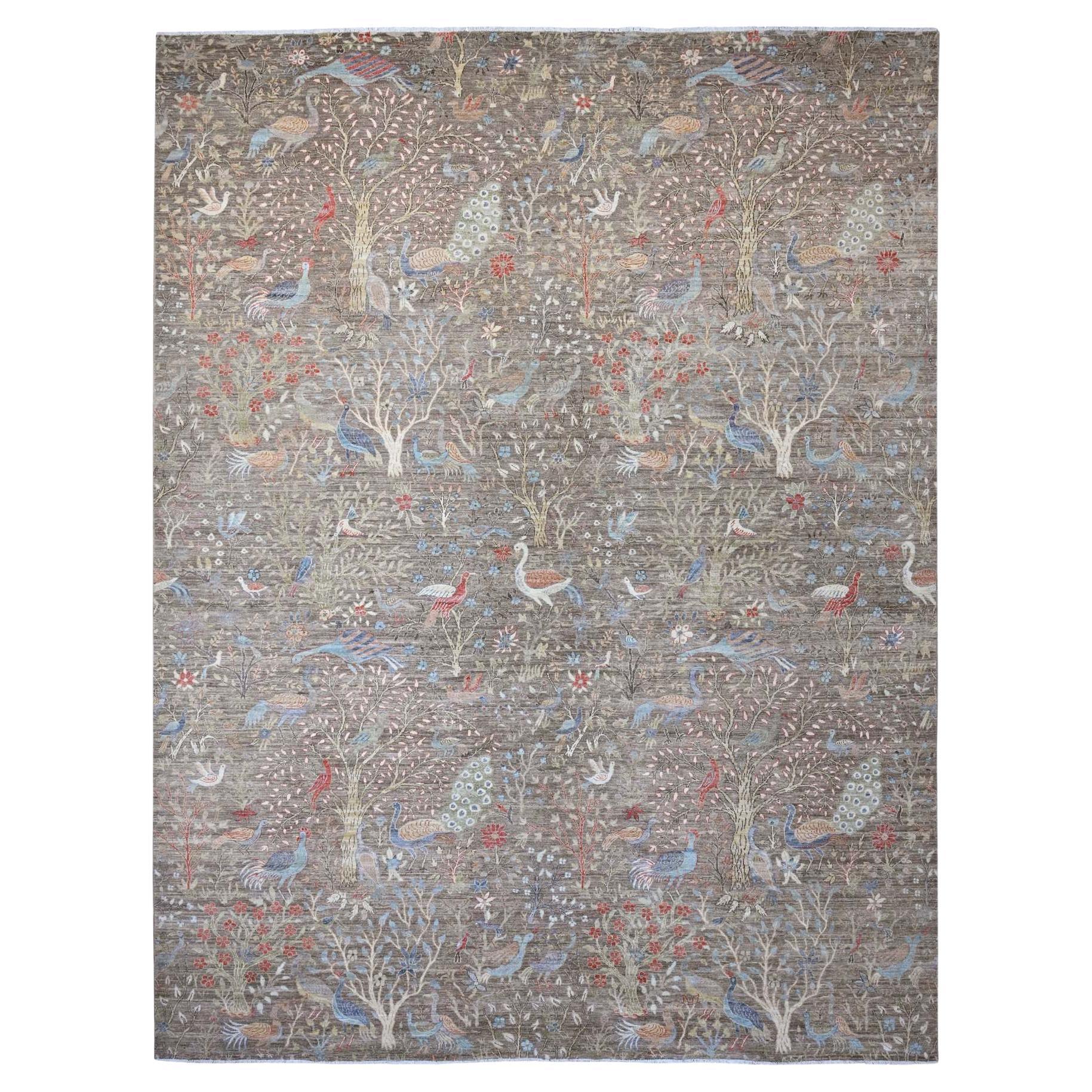 12'1"x15'5" Brown Afghan Peshawar Birds of Paradise Design Wool Hand Knotted Rug