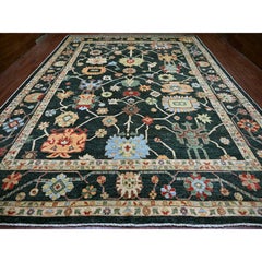 12'1"x15'7" Charleston Green Hand Knotted Angora Oushak Leaf Design Wool Rug