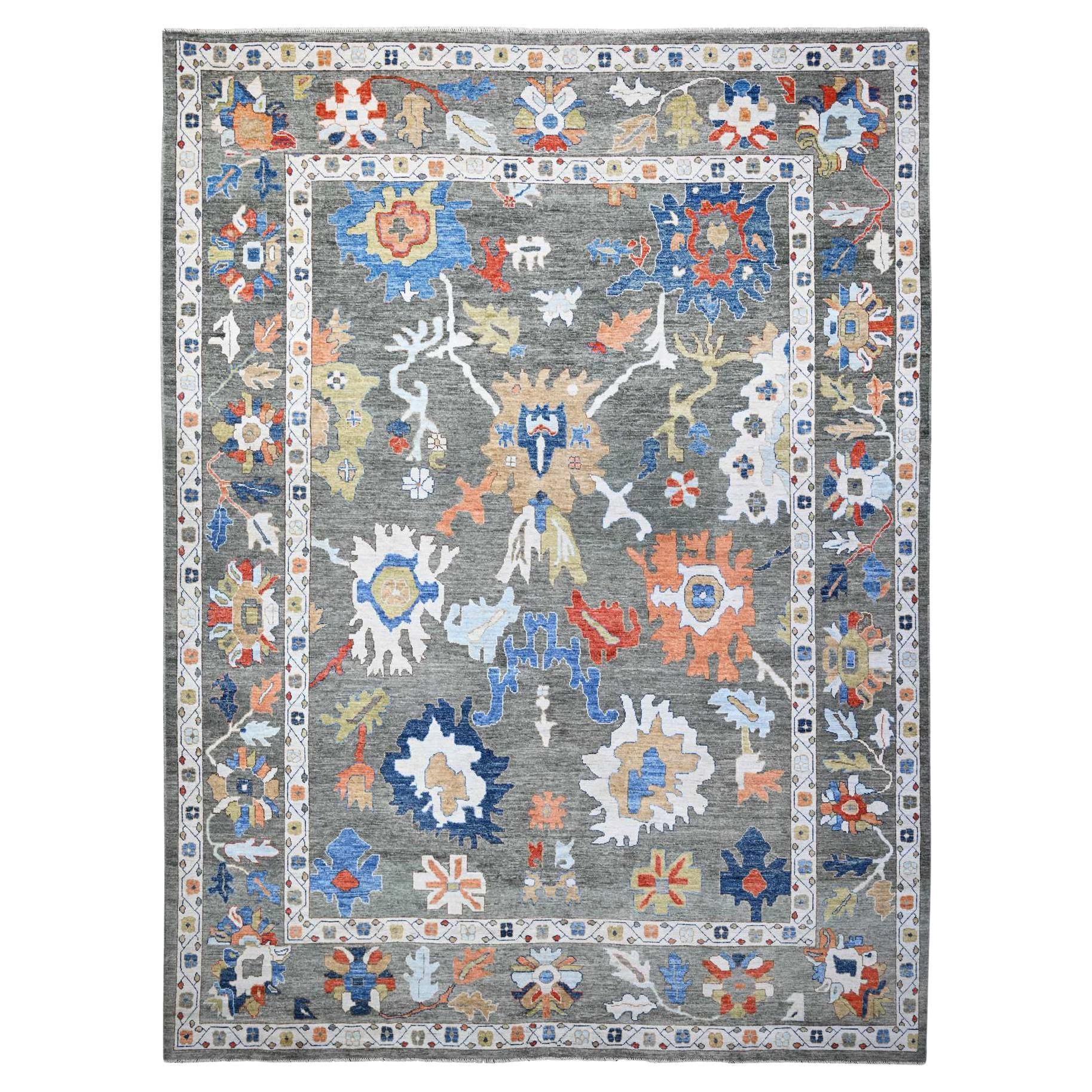 12'1 "x16' Graue handgeknüpfte Medaillons Design Reine Wolle Afghan Angora Oushak Teppich