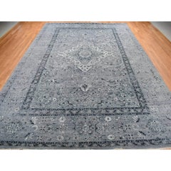 12'1"x17'7" Grauer handgeknüpfter übergroßer Teppich aus Seide mit persischem, gerafftem Design und Wolle in Übergröße