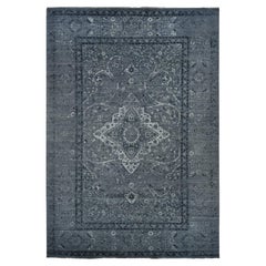 12'1"x17'7" Grauer handgeknüpfter übergroßer Teppich aus Seide mit persischem, gerafftem Design und Wolle in Übergröße