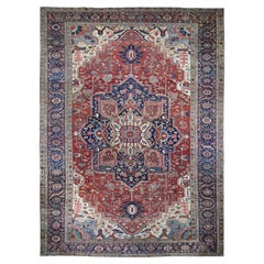 12'1"x19'2" Red, Antique Persian Serapi Heriz, Hand Knotted, Wool, Oversized Rug