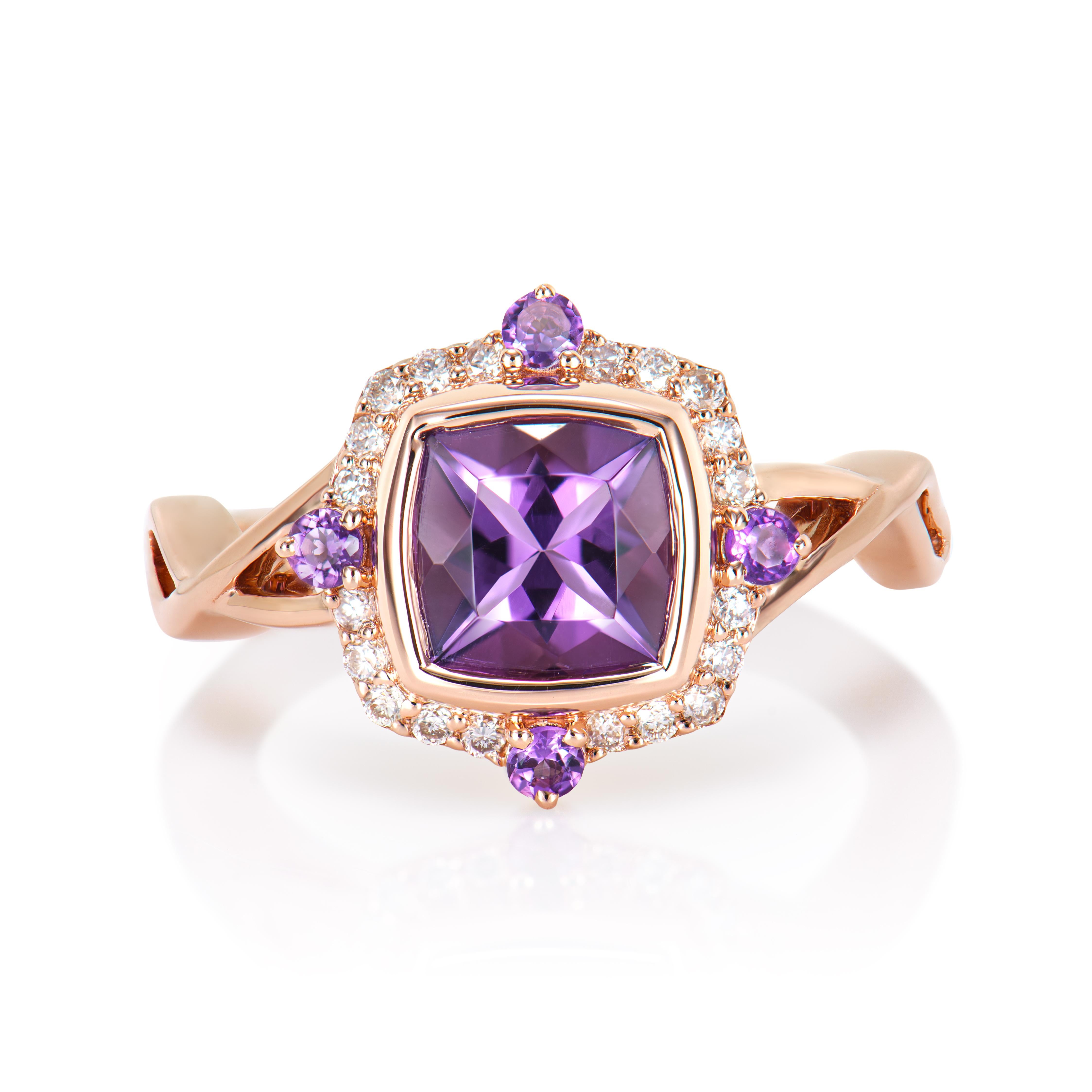 Contemporary 1.22 Carat Amethyst Fancy Ring in 14Karat Rose Gold with White Diamond.   For Sale