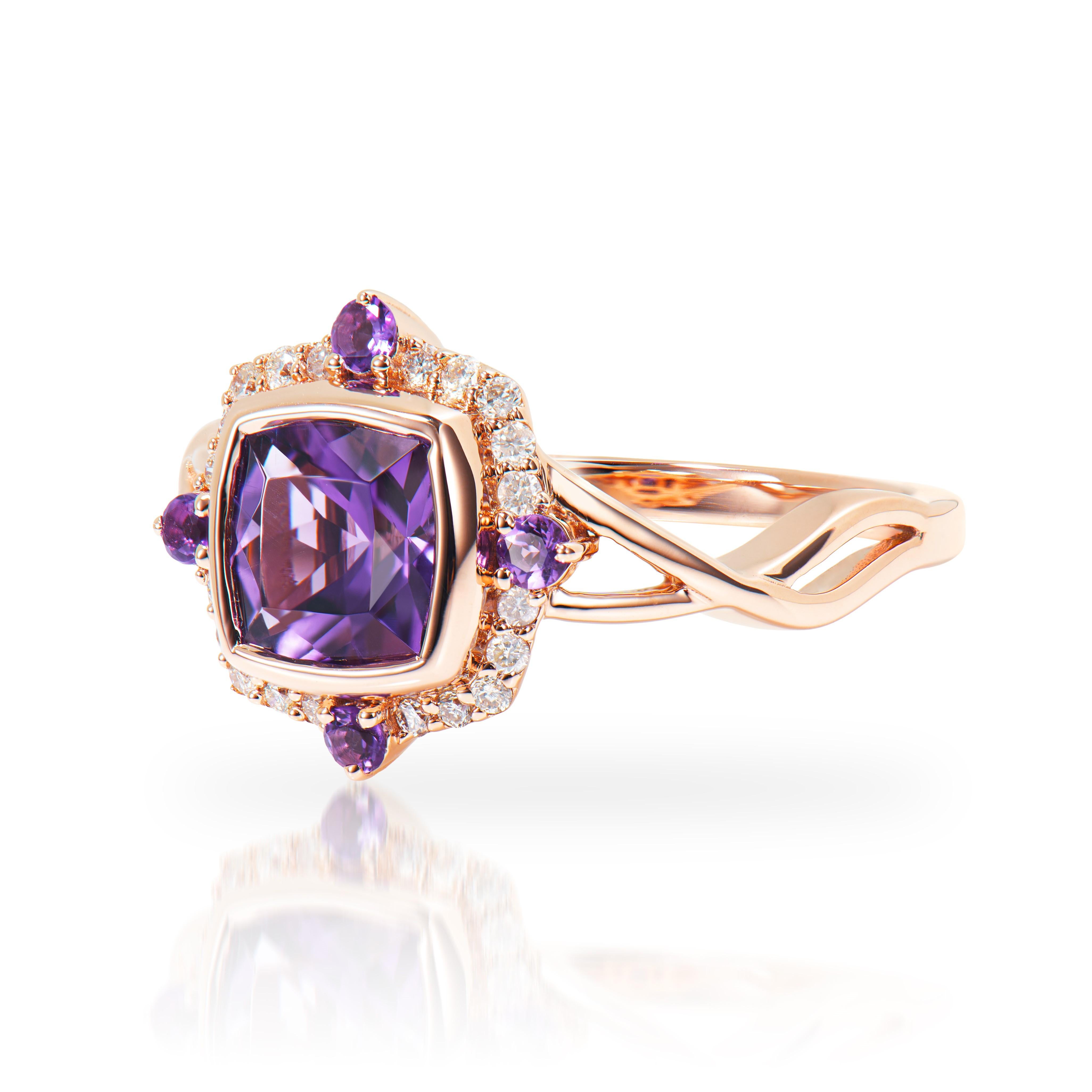 Cushion Cut 1.22 Carat Amethyst Fancy Ring in 14Karat Rose Gold with White Diamond.   For Sale