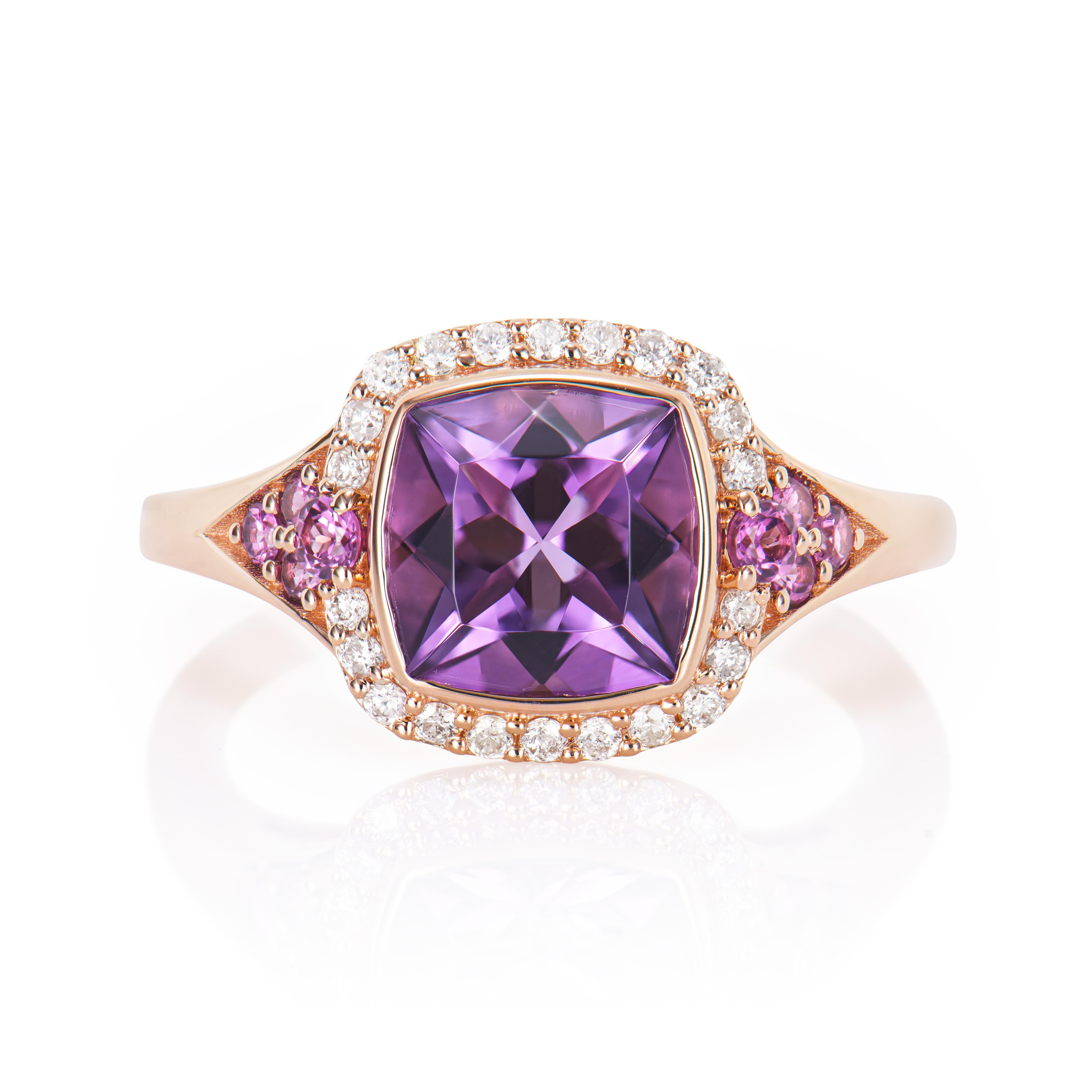 Contemporary 1.22 Carat Amethyst Fancy Ring in 14KRG with Rhodolite and White Diamond.   For Sale