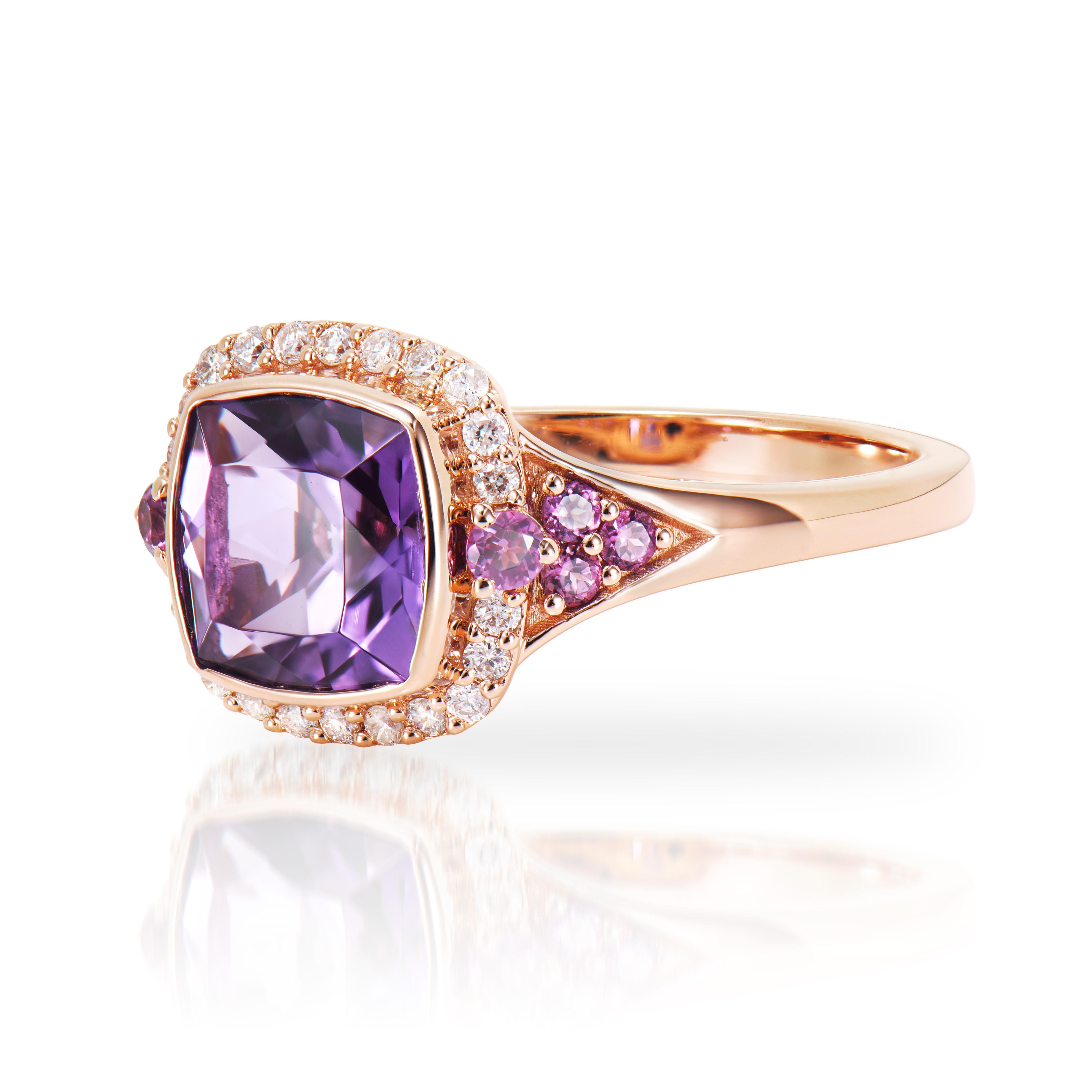 Cushion Cut 1.22 Carat Amethyst Fancy Ring in 14KRG with Rhodolite and White Diamond.   For Sale