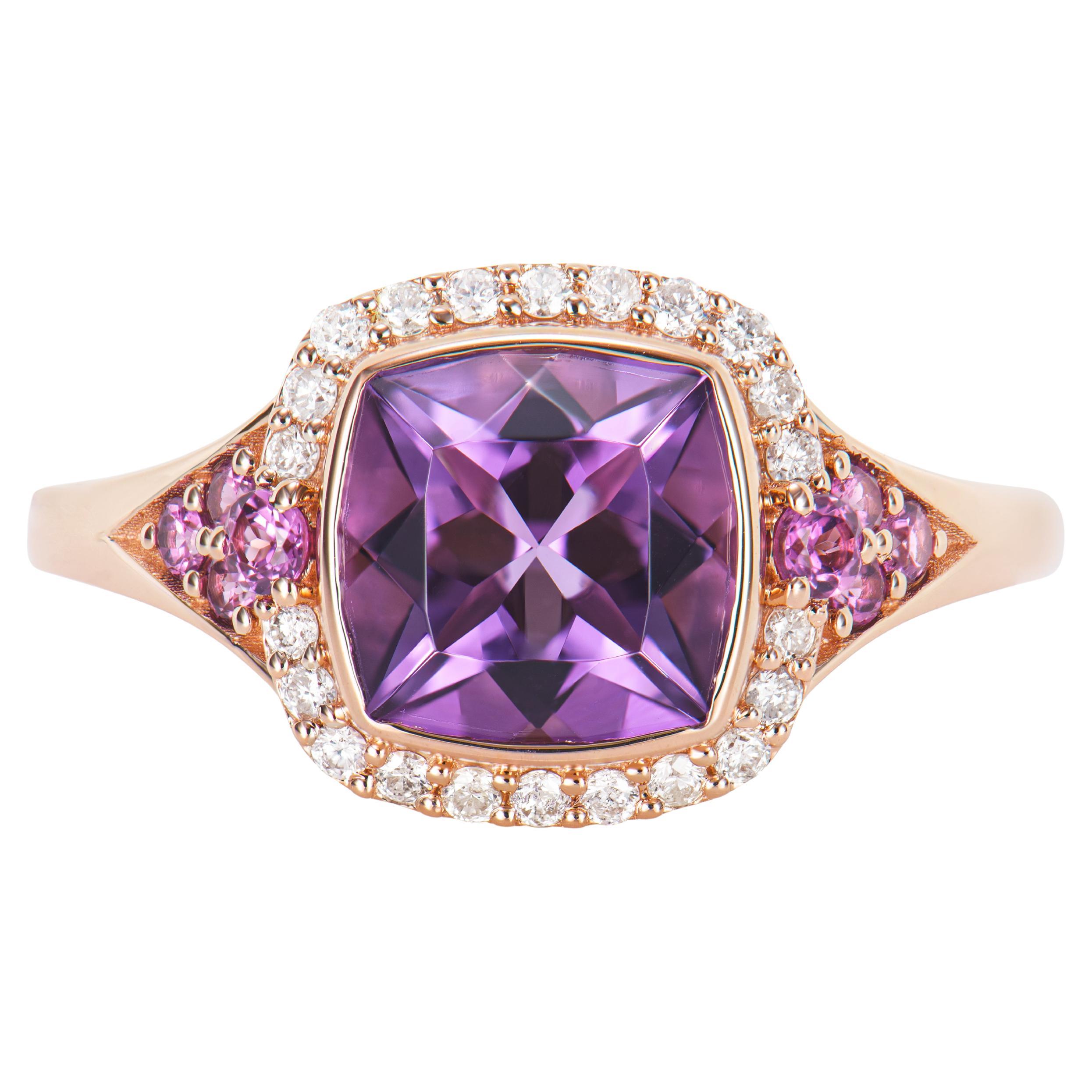 1.22 Carat Amethyst Fancy Ring in 14KRG with Rhodolite and White Diamond.   For Sale