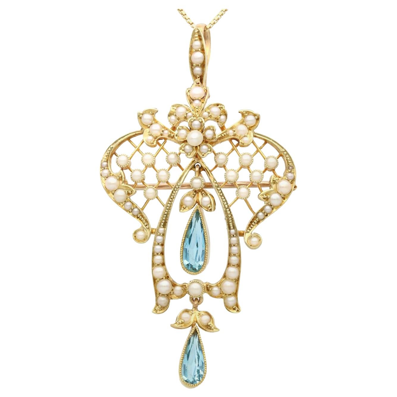 1.22 Carat Aquamarine and Pearl Yellow Gold Pendant / Brooch, Antique circa 1910