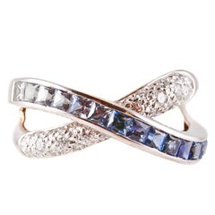 Vintage 1.22 Carat Blue Sapphire Diamond Crossover Ring by Hikari