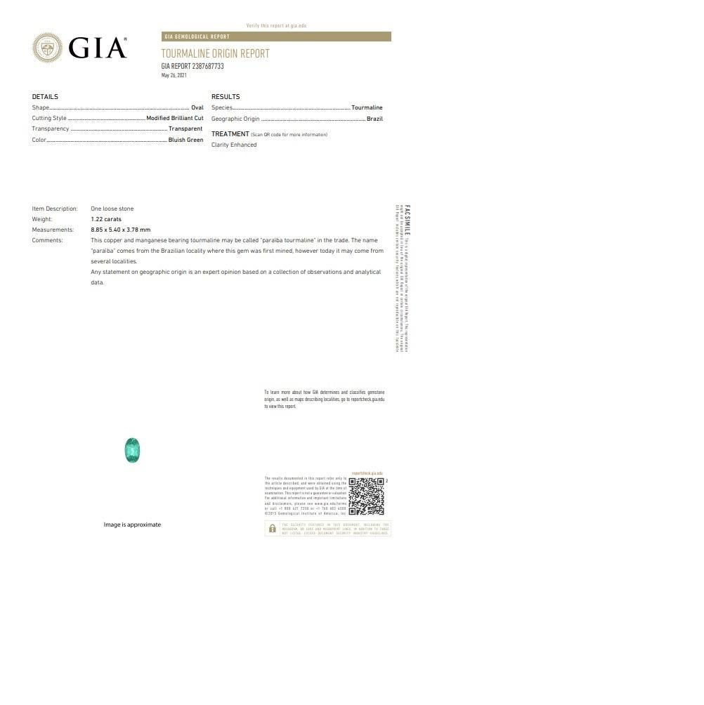 1.22 Carat Brazilian Paraiba Tourmaline Diamond Platinum Ring, GIA Certified 10