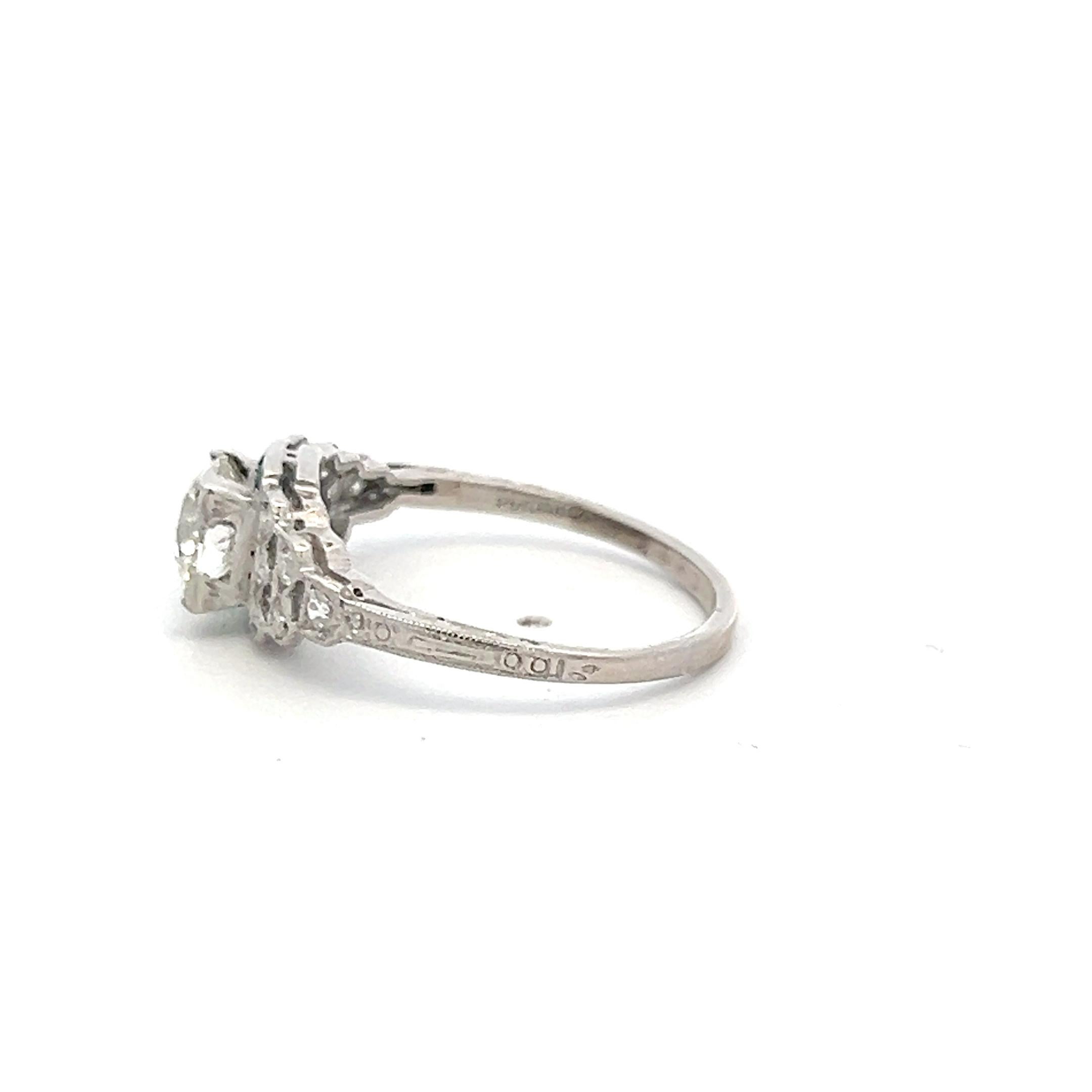 1.22 Carat Circular Brilliant and Old European Diamond Platinum Art Deco Ring In Good Condition For Sale In New York, NY