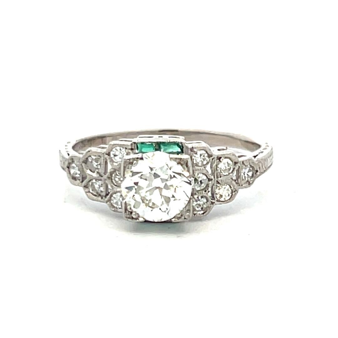 1.22 Carat Circular Brilliant and Old European Diamond Platinum Art Deco Ring For Sale 3